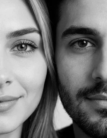 پرامپت عکس دو نفره مناسب تصویر پس زمینه موبایل، نیمی از صورت مماس به هم، سیاه و سفید