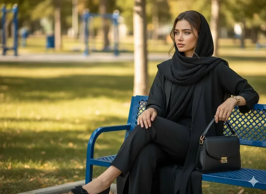 پرامپت تصویری از چهره شما، روی یک نیمکت در یک پارک نشسته اید با روسری
