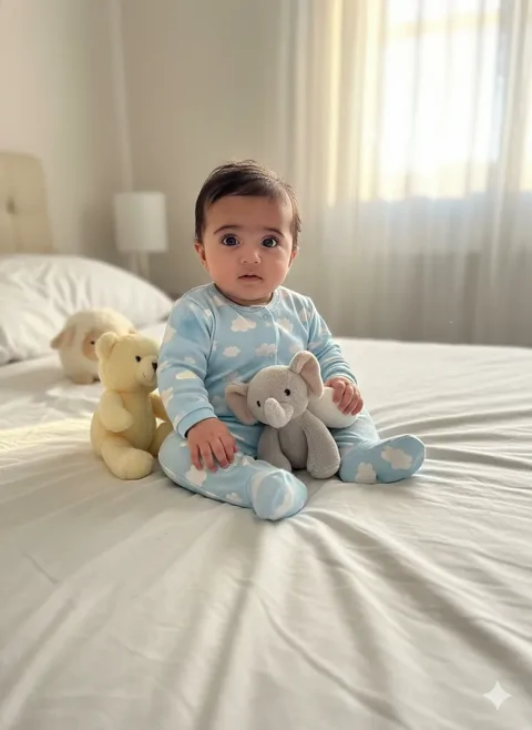 پرامپت تصویری از نوزاد شما، نشسته روی تخت سفید با لباس آبی آسمانی