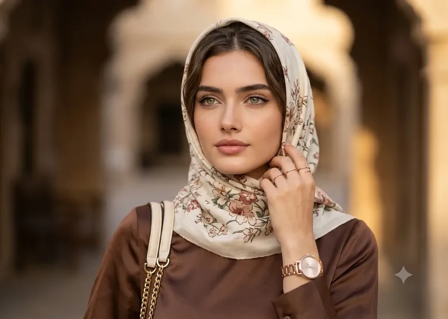 پرامپت عکس با حجاب با لباس قهوه ای و روسری کرم رنگ، ساعت شیک و کیف زیبا