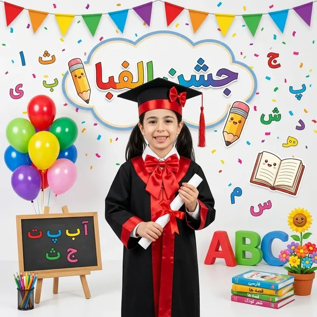 با این پرامپت عکس، برای دختر زیباتون یه عکس جشن الفبای فوق العاده زیبا و طبیعی بسازید