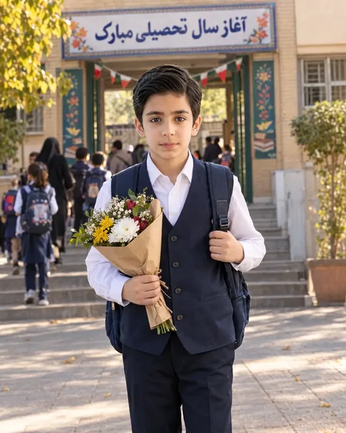 پرامپت عکس اول مهر برای پسربچه شما در حیاط مدرسه با یک دسته گل کوچک ایستاده است