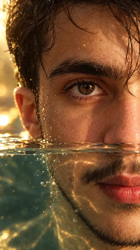 پرامپت عکس مناسب بکگراند موبایل، نمای نزدیک از چهره شما زیر آب زلال و شفاف