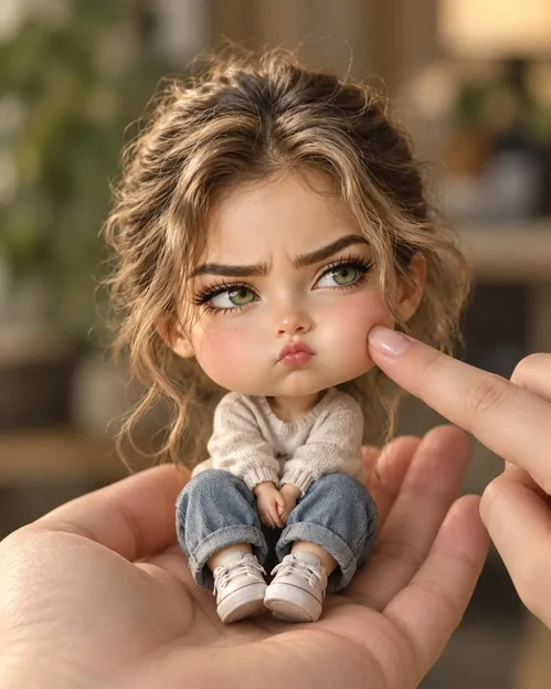 پرامپت عکس نسخه مینیاتوری به سبک چیبی (Chibi) که روی یک دست بزرگ نشسته ای