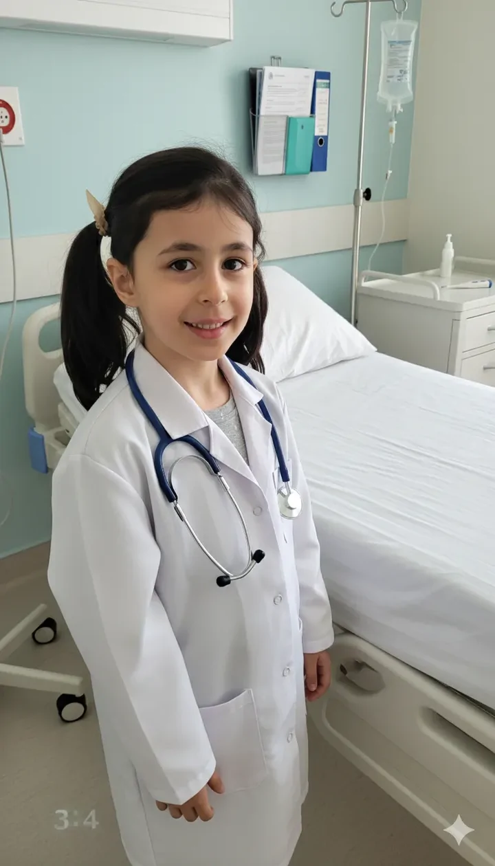 پرامپت تصویری از چهره کودک شما، با روپوش سفید دکتر در اتاق بیمارستان