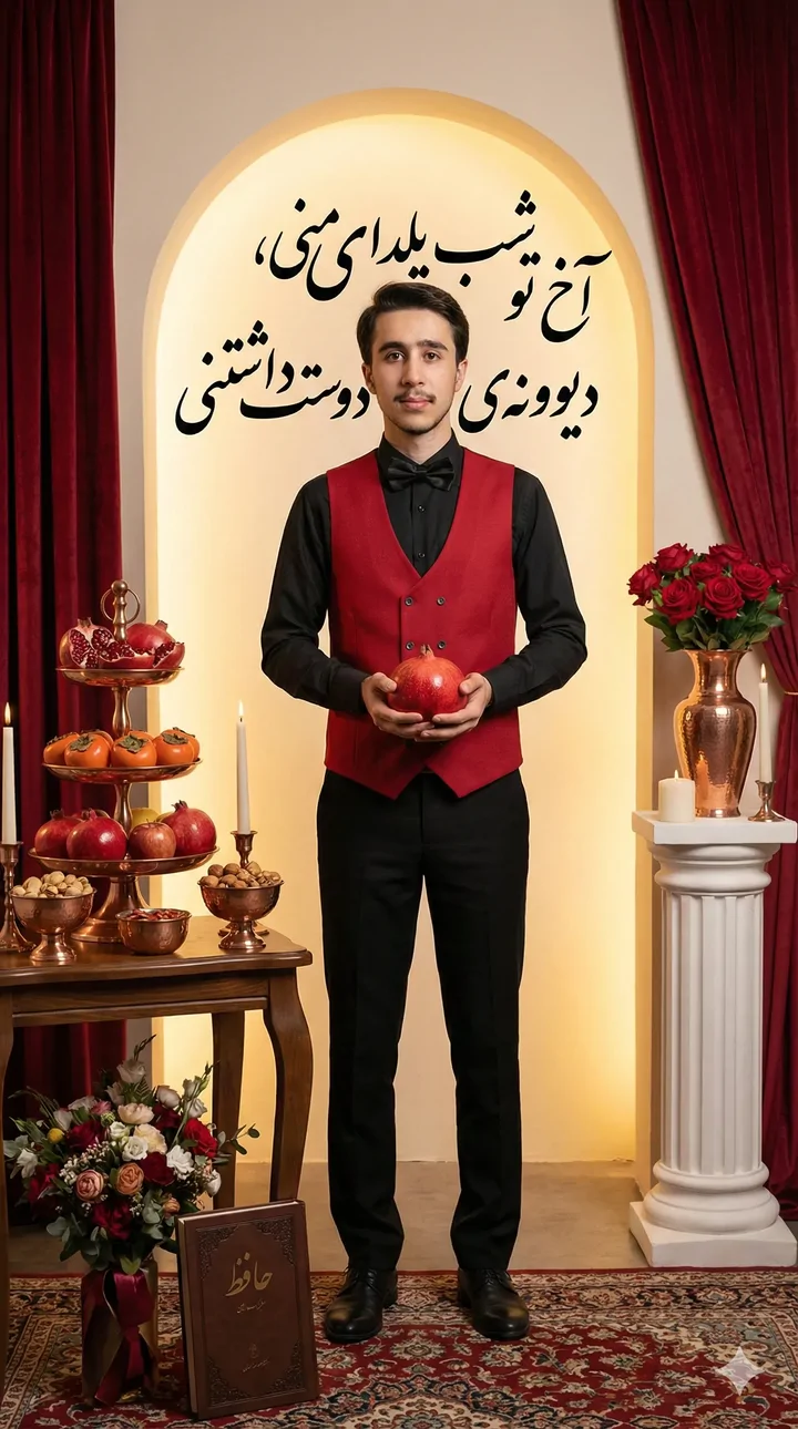 پرامپت تصویری از چهره شما مناسب شب یلدا با جلیقه قرمز و انار در دست