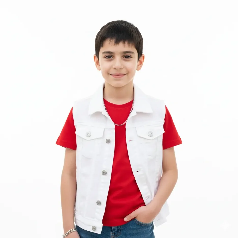 پرامپت استودیویی برای کودک شما با جلیقه سفید و تی شرت قرمز مناسب چاپ