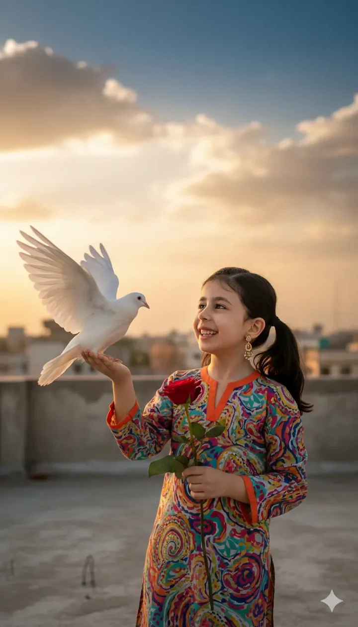 پرامپت عکس از چهره دختر بچه شما با یک گل رز در دست و یک کبوتر سفید در دست دیگر