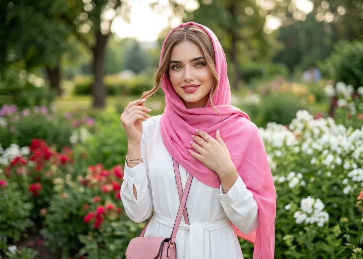 پرامپت عکس با شال صورتی و مانتوی سفید و با حجاب در باغ سرسبز پر از گل ایستاده اید